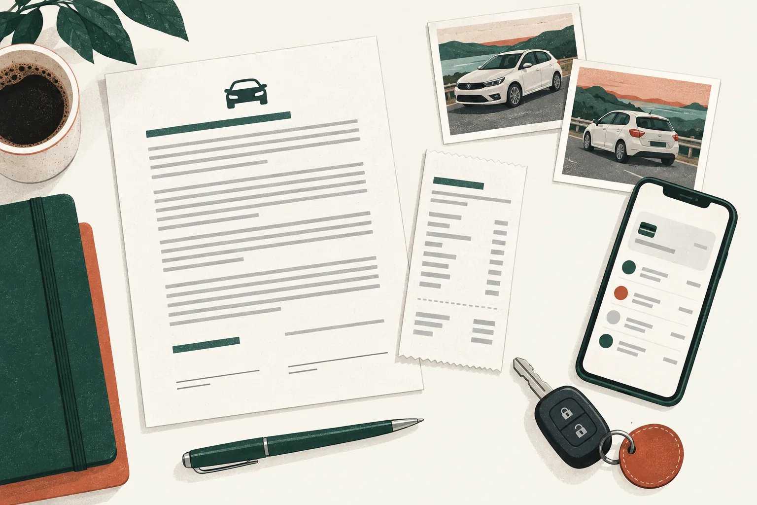 Illustration of a rental agreement, receipt, car photographs, key and payment record arranged together.